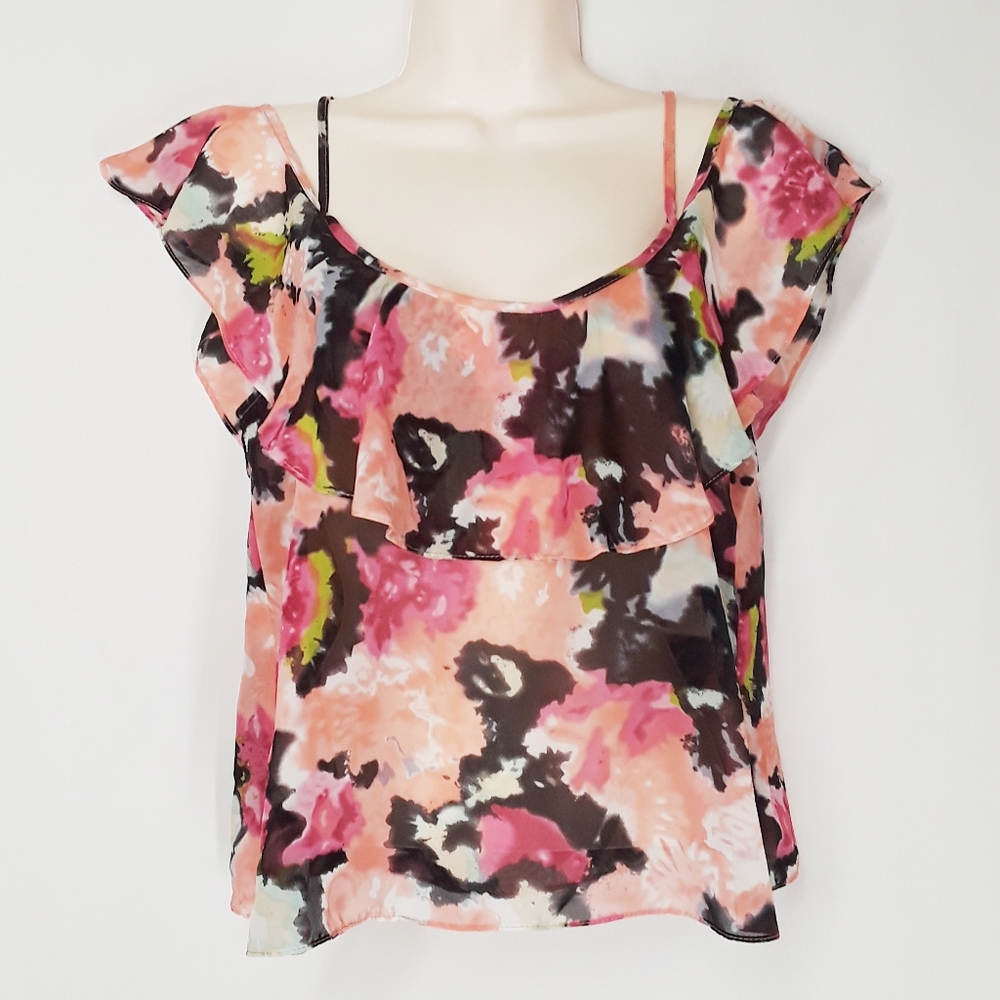 SHOW ME YOUR MUMU Tie Dye Pink Ruffle Cold Shoulder Top M NWT